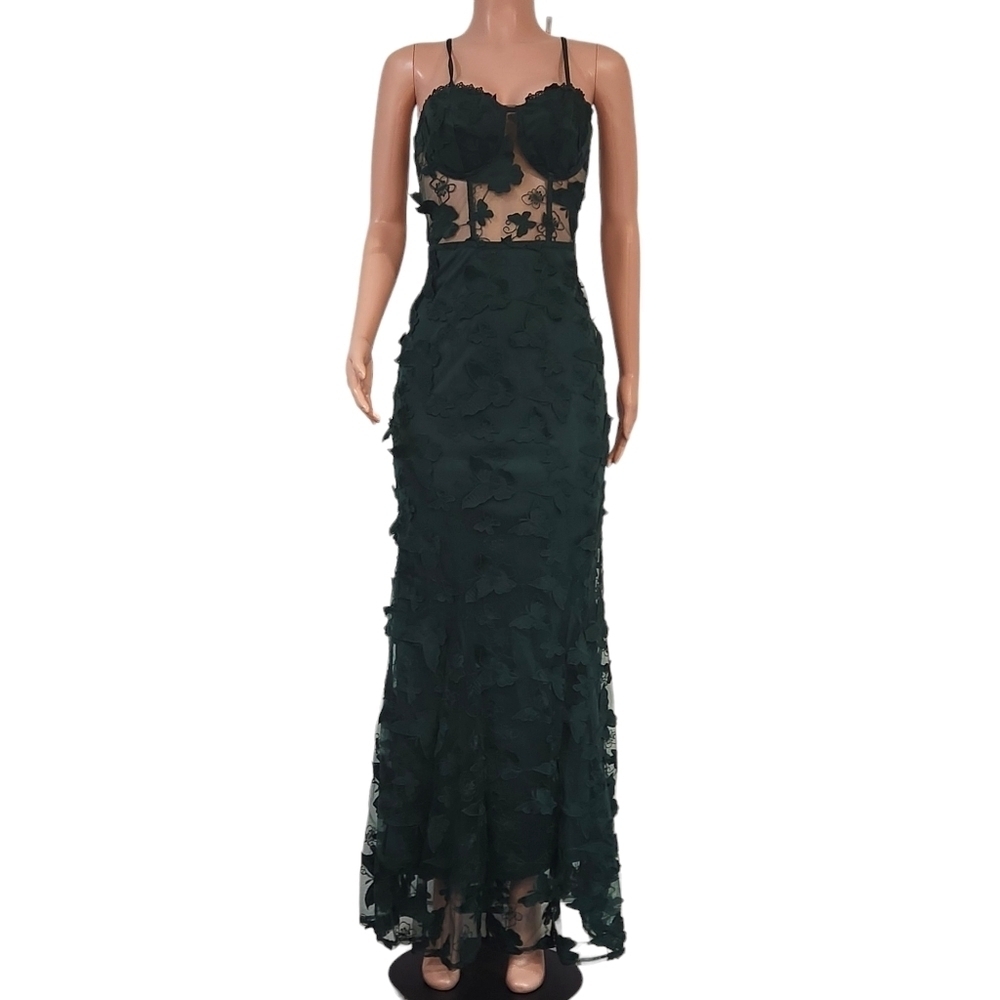 Giffniseti Butterfly Appliques Lace Up Guipure Lace Maxi Cami Formal Dress Sz S